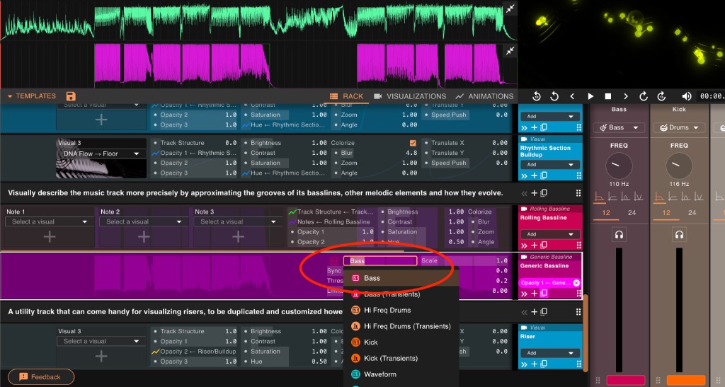 Audio Track picker on a Rack View track, listing the De-Mixer tracks (Bass, Hi Freq Drums, Kick, Waveform, plus their Transients variants)