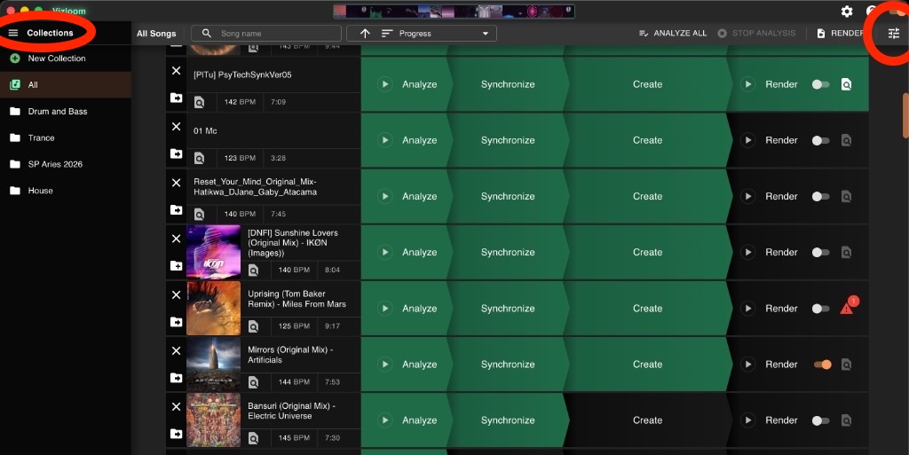 Vizloom main window with Collections sidebar and a populated song list