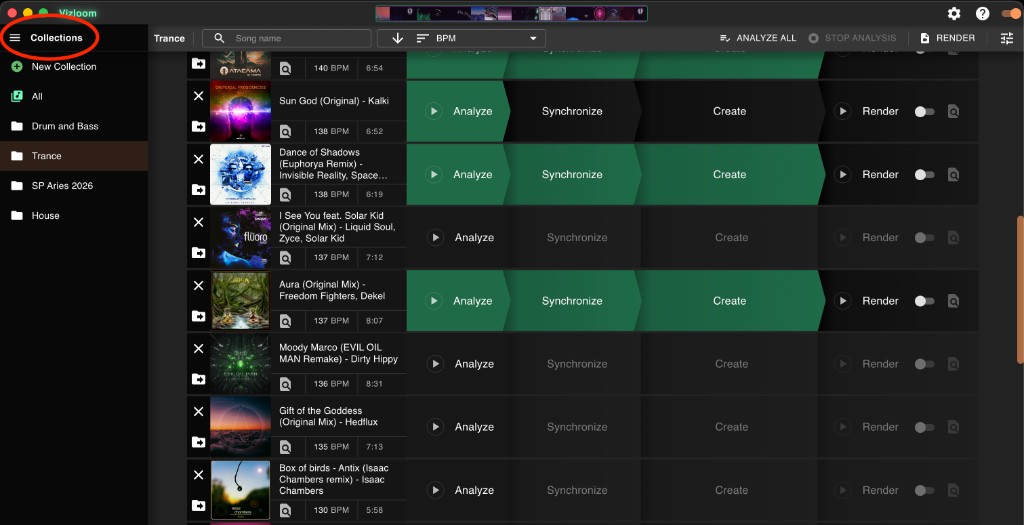 The Collections side panel in the Vizloom Library, opened from the 3-lines button on the top-left