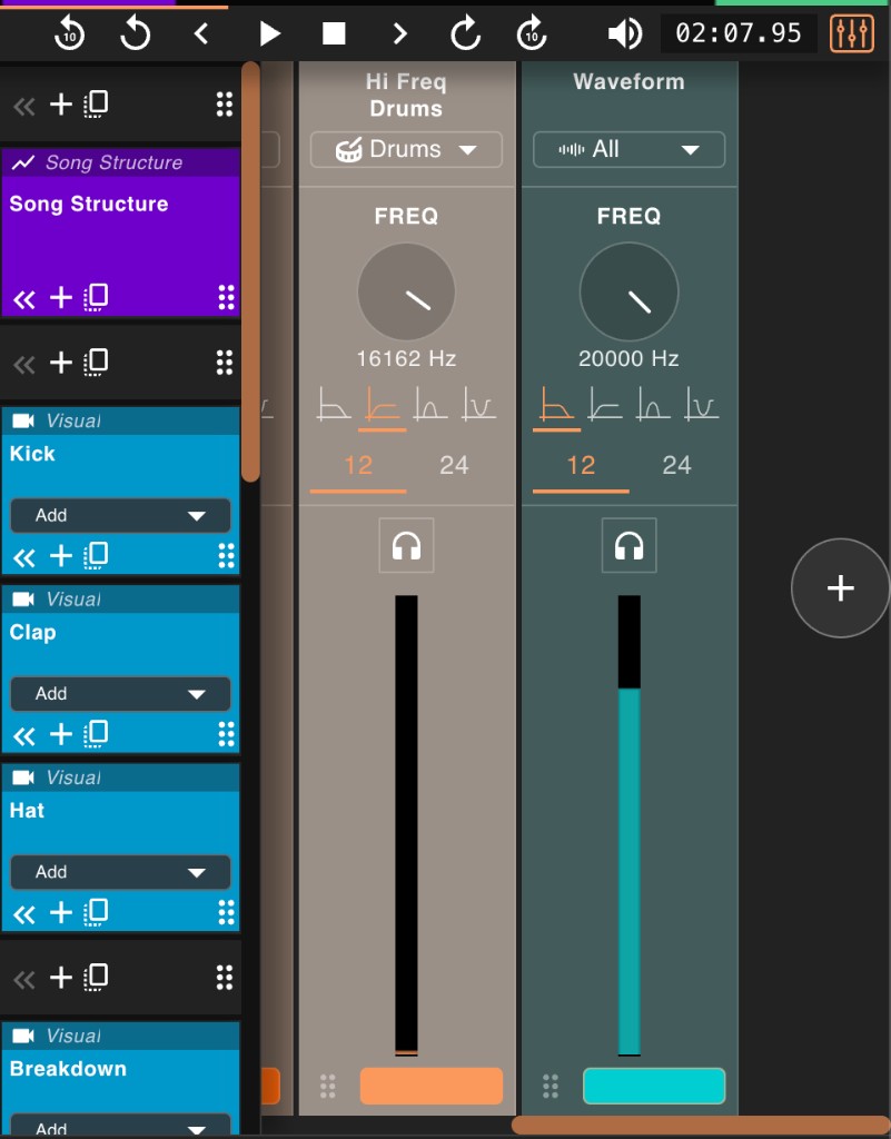 De-mixer panel open next to the rack, with Hi Freq Drums and Waveform audio tracks, headphone preview buttons, and frequency controls