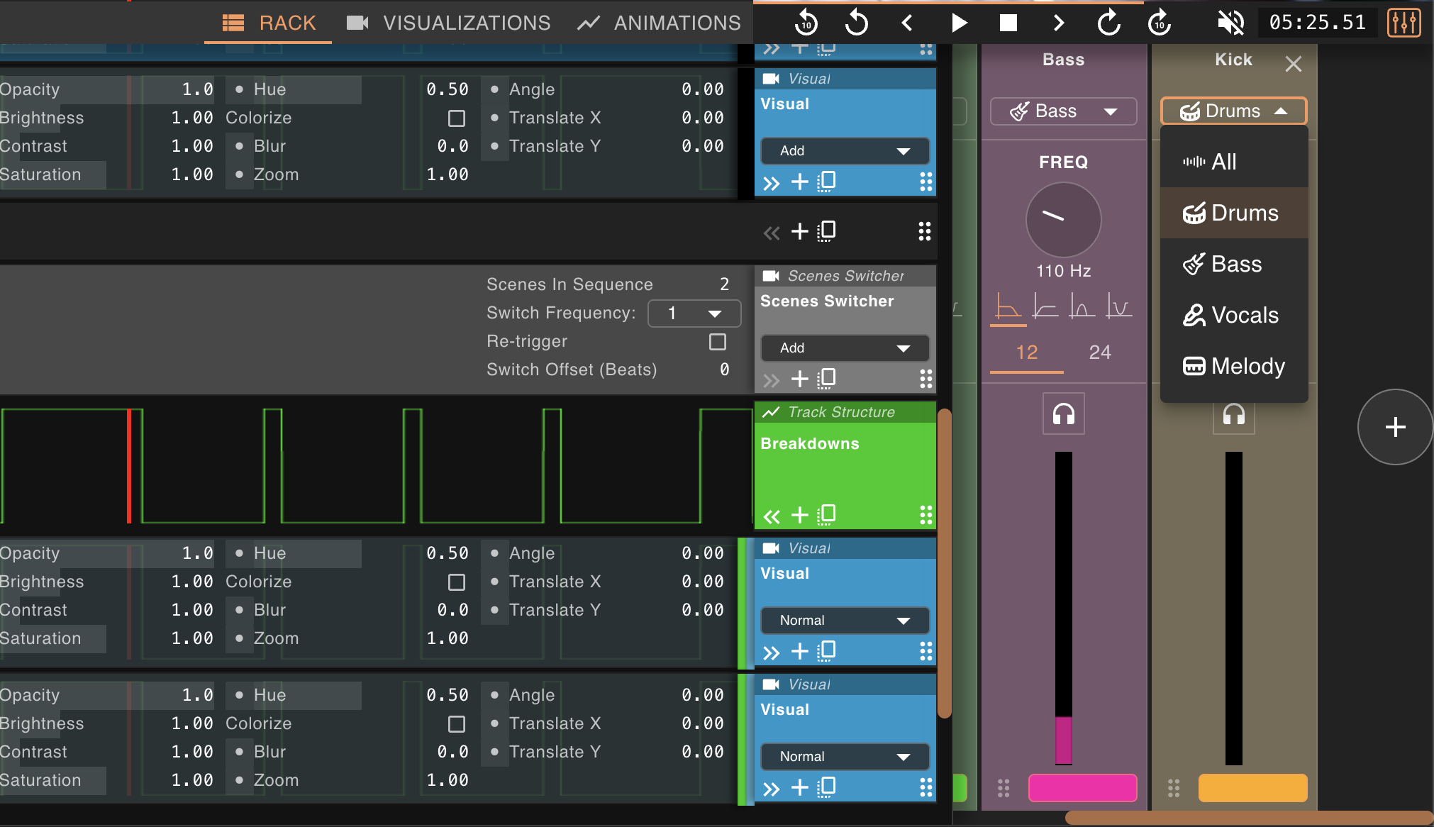 The De-Mixer panel with stem-based and frequency-filtered audio tracks