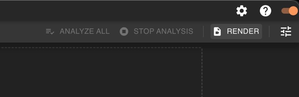 Top toolbar with the Render button highlighted next to Analyze All and Stop Analysis
