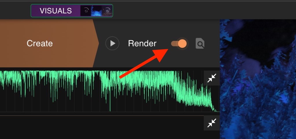 Top of the song row showing the Create button and the Render toggle switched on