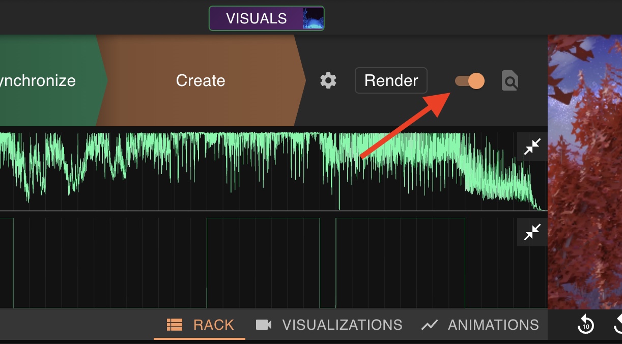 Top of the song row showing the Create button and the Render toggle switched on