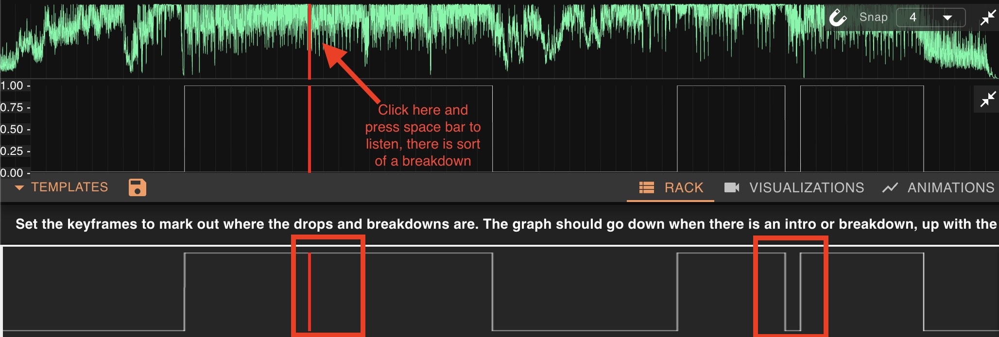 Song Structure with two missed sections highlighted on the waveform and an annotation pointing at a subtle breakdown in the audio