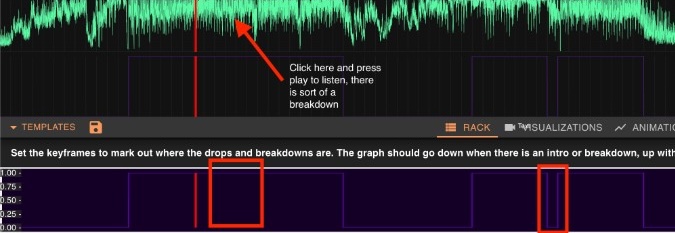 Song Structure with two missed sections highlighted on the waveform and an annotation pointing at a subtle breakdown in the audio