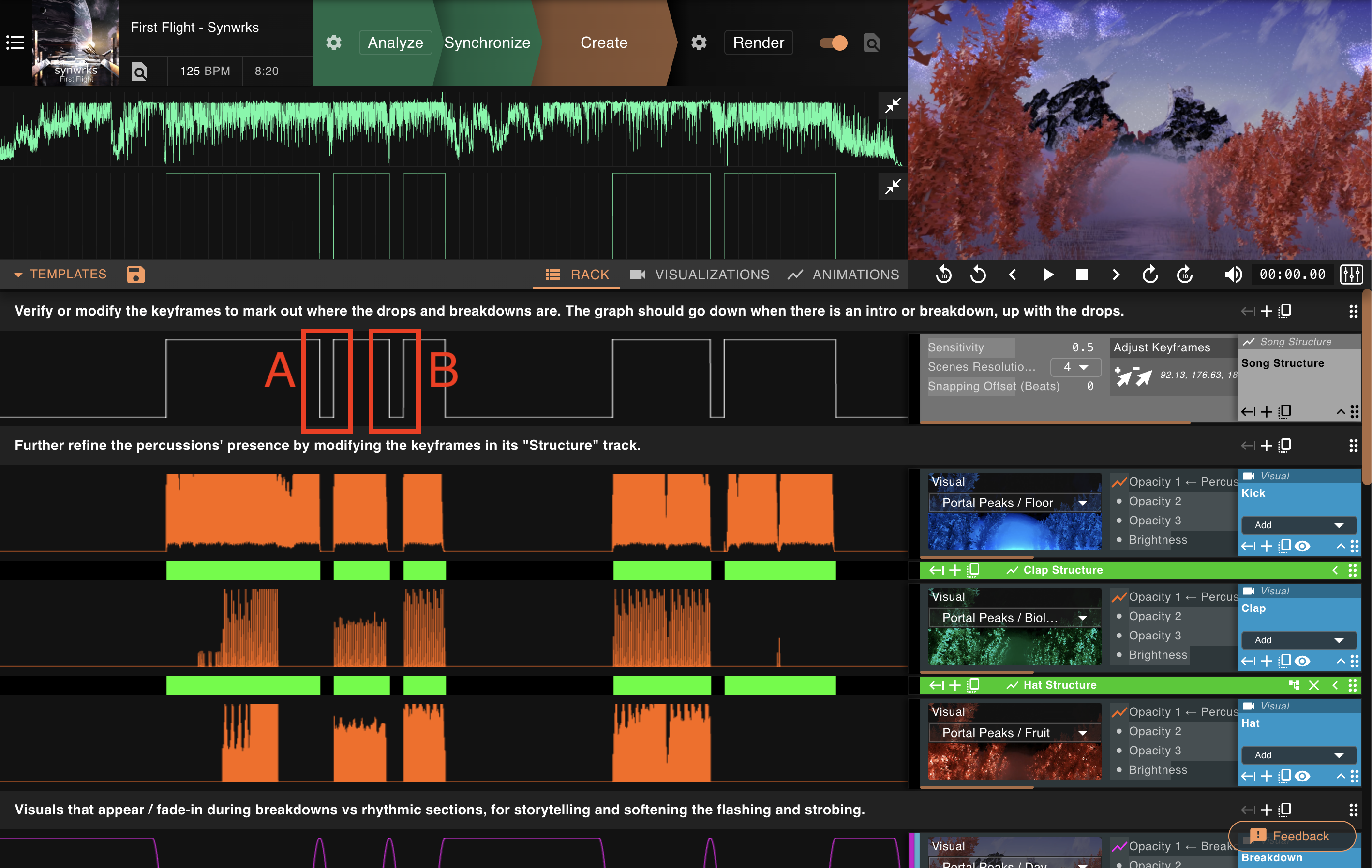 Song Structure track in the Rack view, with an arrow pointing to its Sensitivity control and the over-eagerly marked breakdowns boxed on the graph