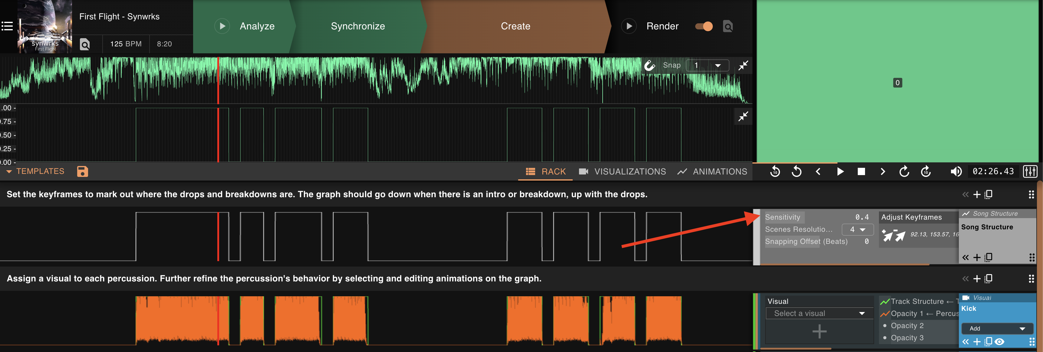 Song Structure track in the Rack view, with an arrow pointing to its Sensitivity control