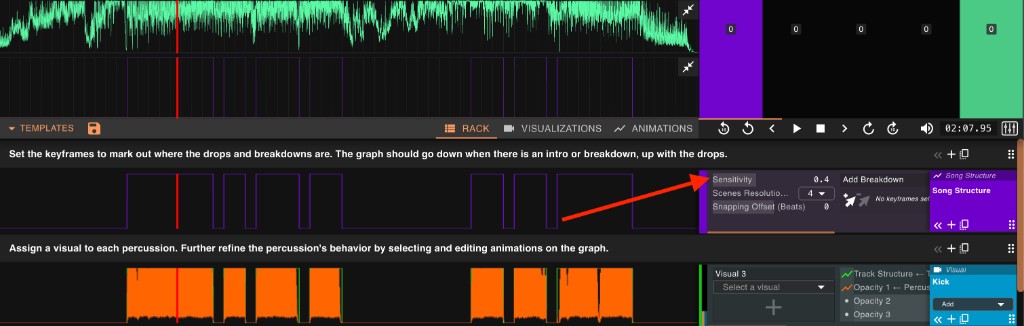 Song Structure track in the Rack view, with an arrow pointing to its Sensitivity control