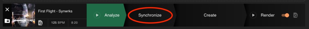 Top tab bar with the Synchronize tab highlighted on the song's row