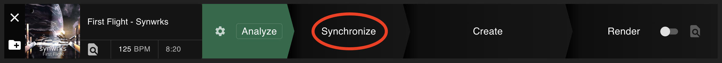 Top tab bar with the Synchronize tab highlighted on the song's row