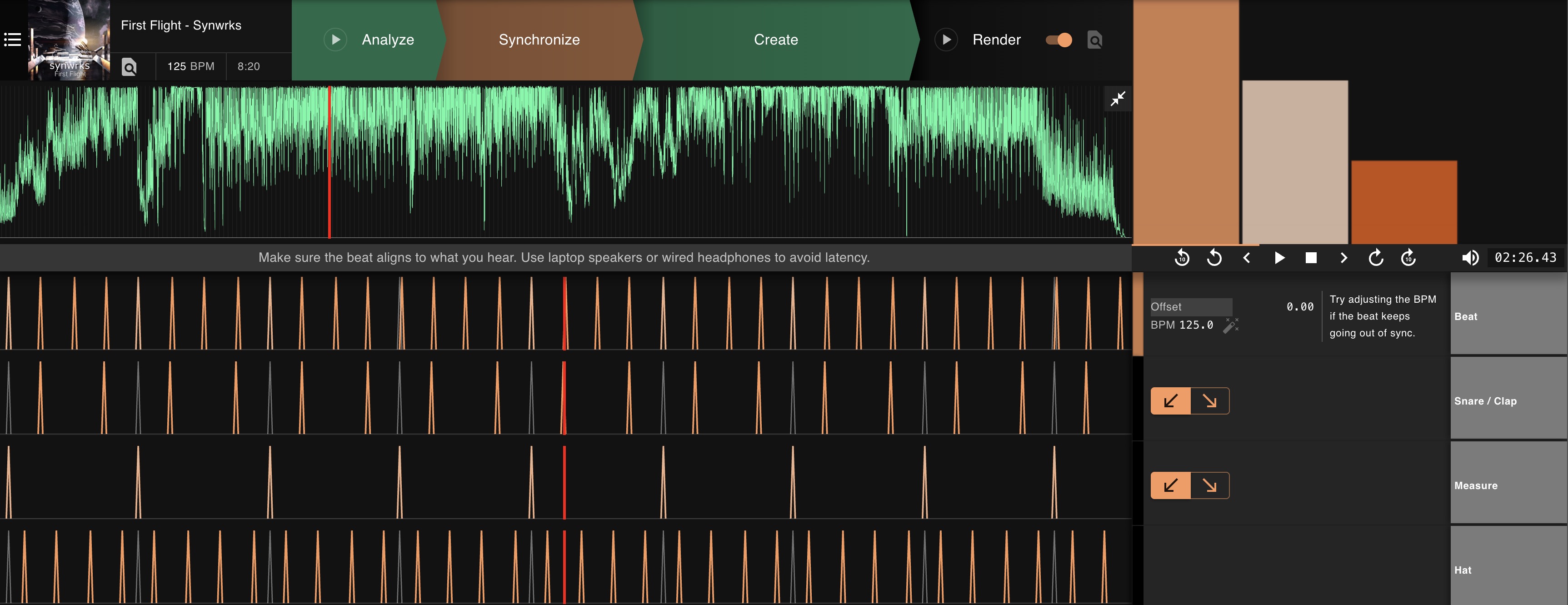 Synchronize view with waveform, beatgrid lanes (Beat, Snare/Clap, Measure, Hat) and offset/BPM controls
