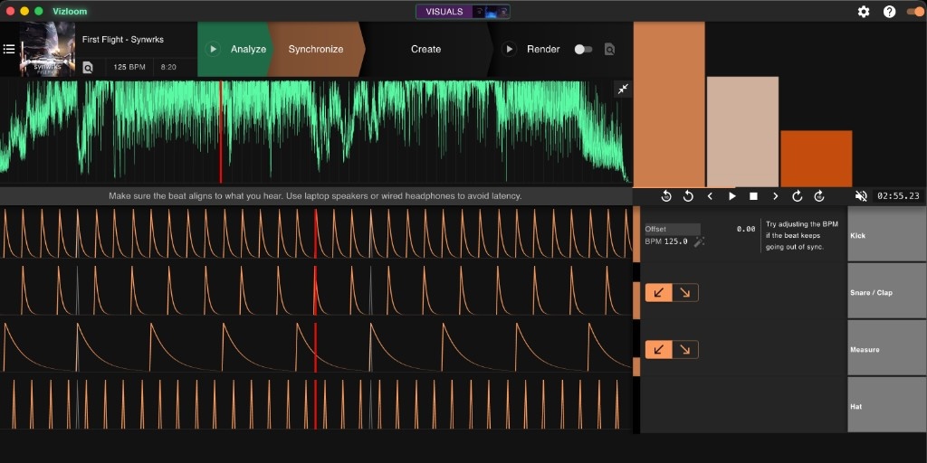 Synchronize view with waveform, beatgrid lanes (Beat, Snare/Clap, Measure, Hat) and offset/BPM controls
