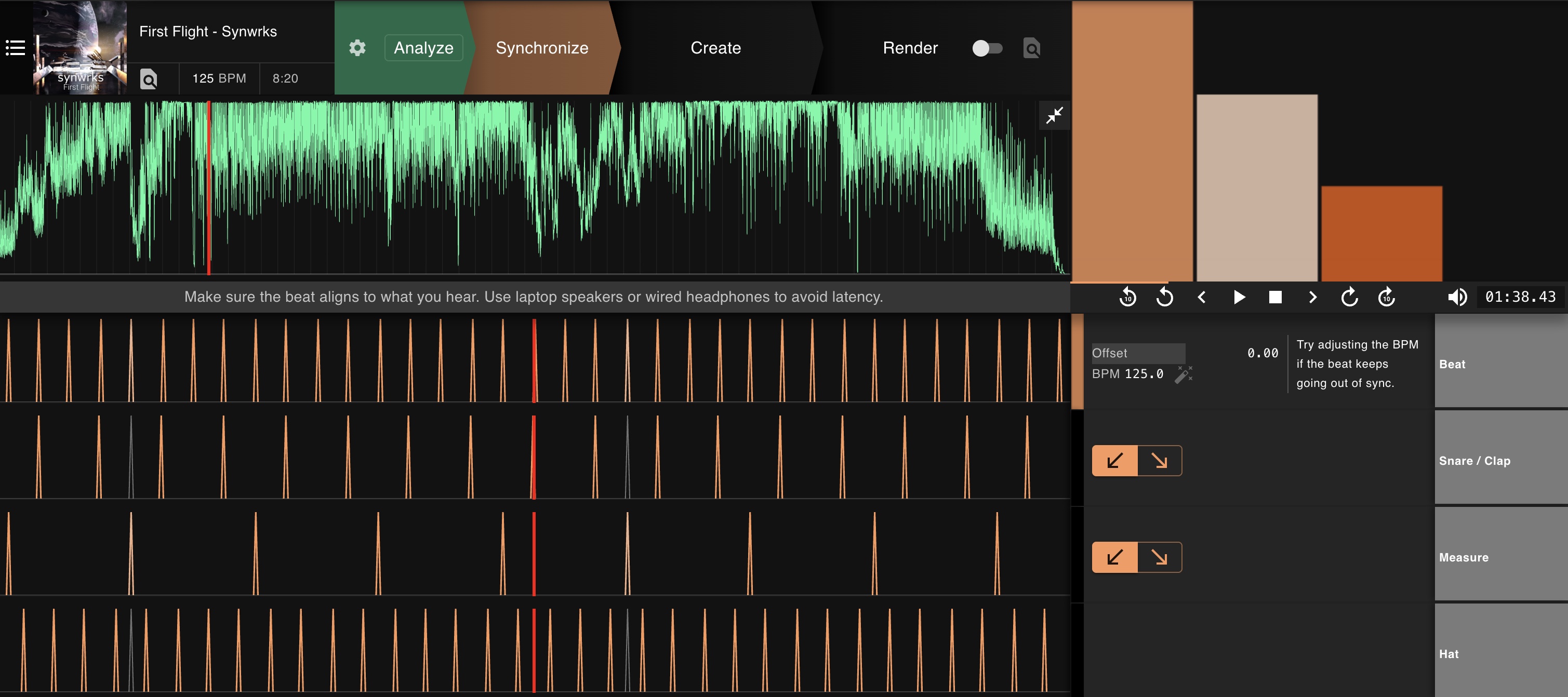 Synchronize view with waveform, beatgrid lanes (Beat, Snare/Clap, Measure, Hat) and offset/BPM controls