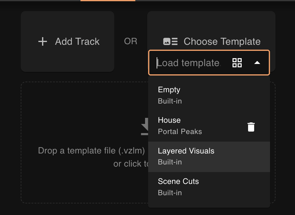 Add Track and Choose Template options, with the Load template dropdown showing the built-in Empty, Layered Visuals, and Scene Cuts alongside a saved template