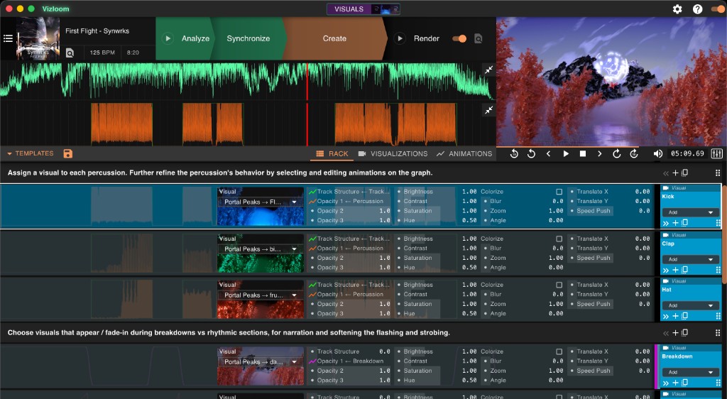 Rack view with visuals assigned to the Kick, Clap, Hat and Breakdown tracks, showing the resulting frame in the preview
