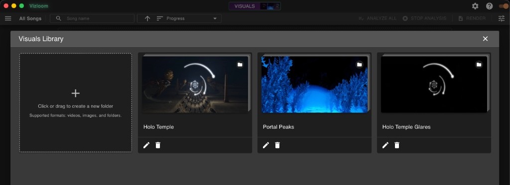Visuals Library dialog with Create New Folder tile and visual folders in a grid