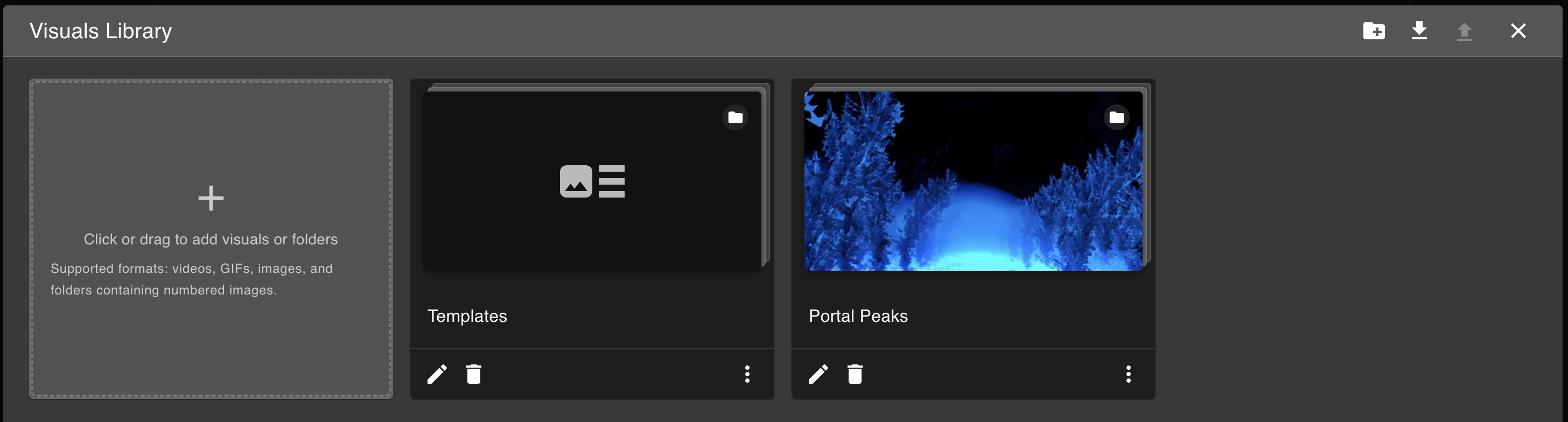 Visuals Library dialog with a click-or-drag-to-add tile and visual folders in a grid
