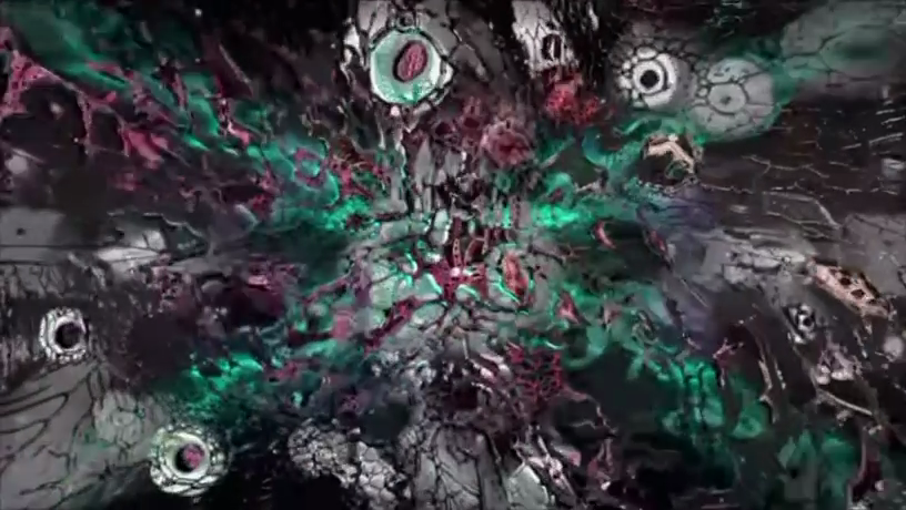 An abstract real-time visualizer frame: teal and magenta organic shapes radiating from the centre over a dark cracked texture