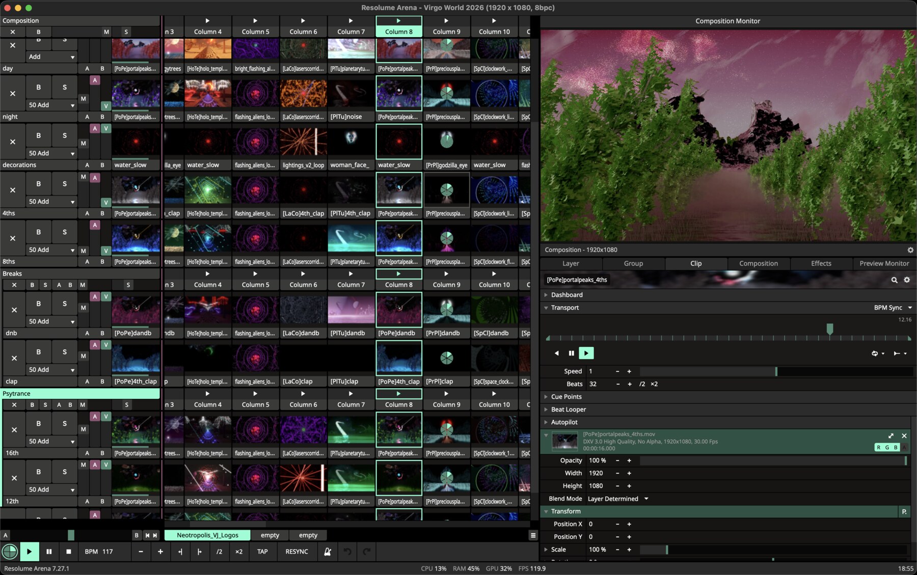 Resolume Arena with a grid of video clips arranged in layers and columns, and a composition monitor previewing the output