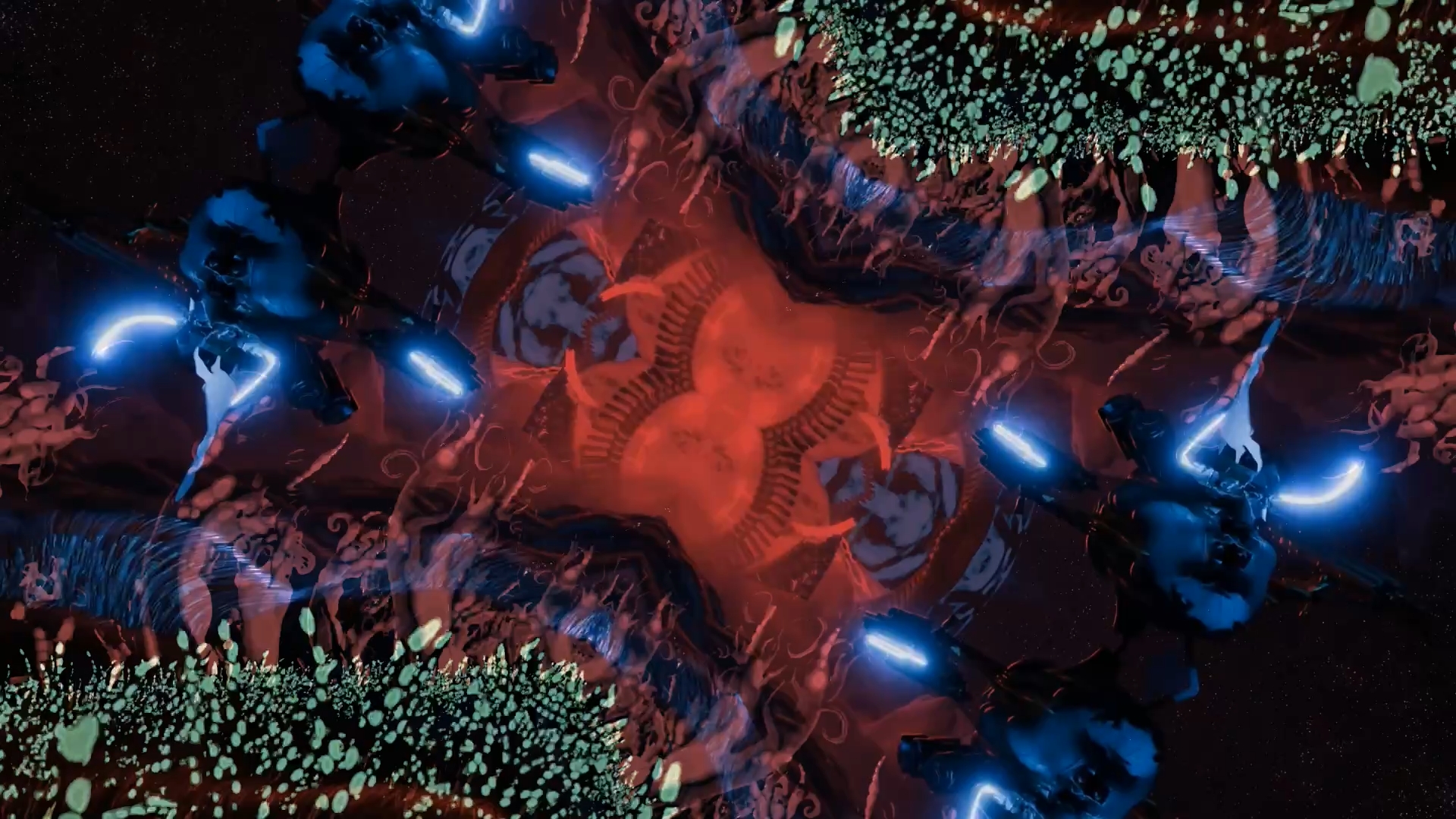 A kaleidoscopic visual of a glowing red star shape surrounded by blue light trails and pale green foliage on a dark starfield