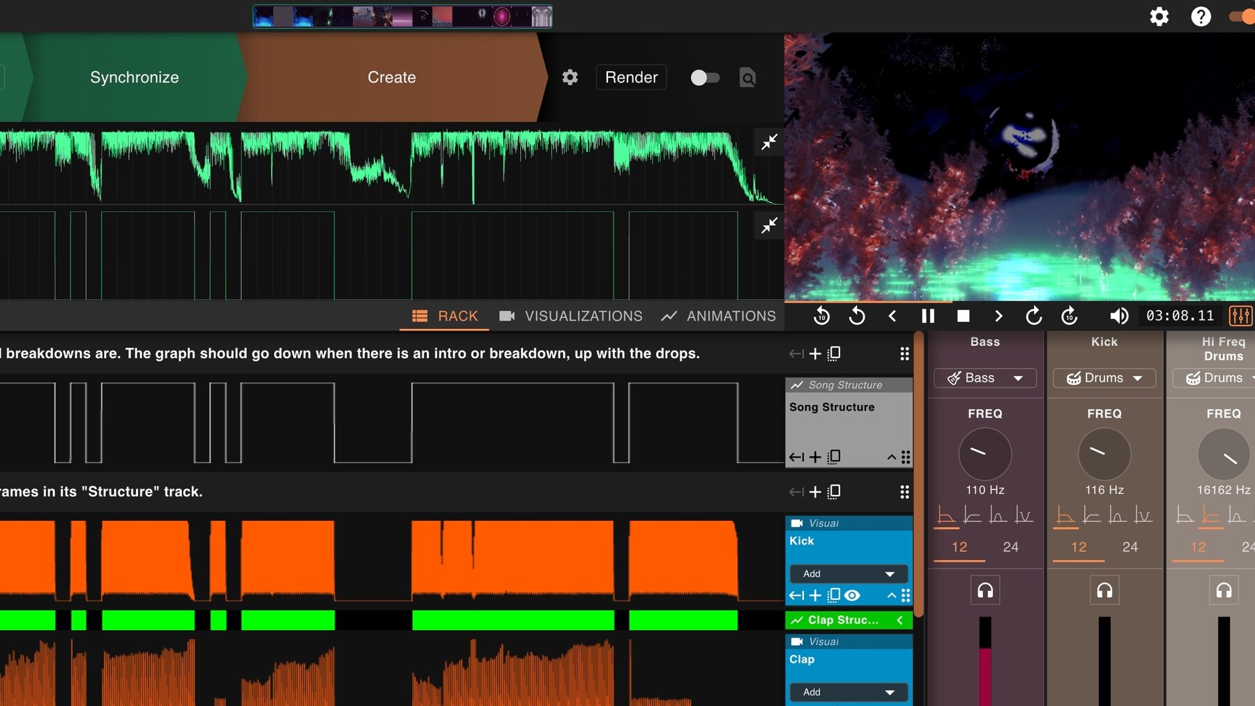 The Vizloom rack view: a song's waveform and structure graph across the top, kick and clap tracks below it with their own waveforms, instrument strips for bass, kick and hi-freq drums on the right, and a video preview of a glowing forest scene